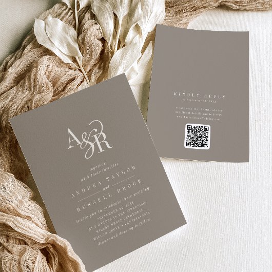 Invitation ANDREA Taupe QR Code Classic Elegant Wedding