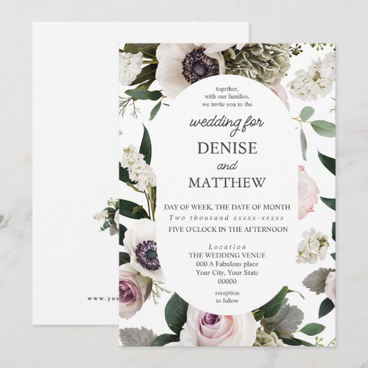 Invitation Anémon blanc sur Mariage blanc clair (Devant / Derrière)