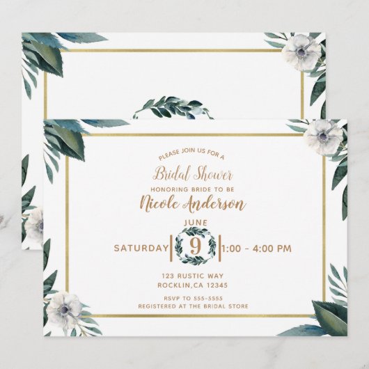 Invitation Anémone à feuilles vertes blanches Fête de mariage (Devant / Derrière)