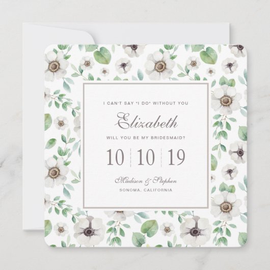 Invitation Anémone blanche florale de l'aquarelle | - (Devant)