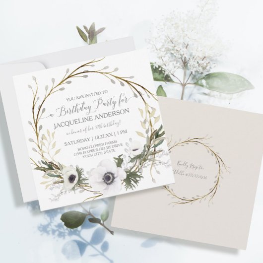 Invitation Anémone blanche Twig Fern Eucalyptus fête d'annive