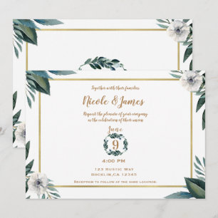Invitation Anémone Fleurs Mariage Feuilles Vertes Blanches