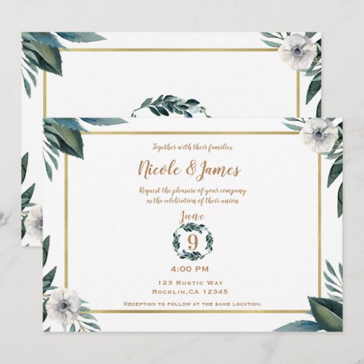 Invitation Anémone Fleurs Mariage Feuilles Vertes Blanches (Devant / Derrière)