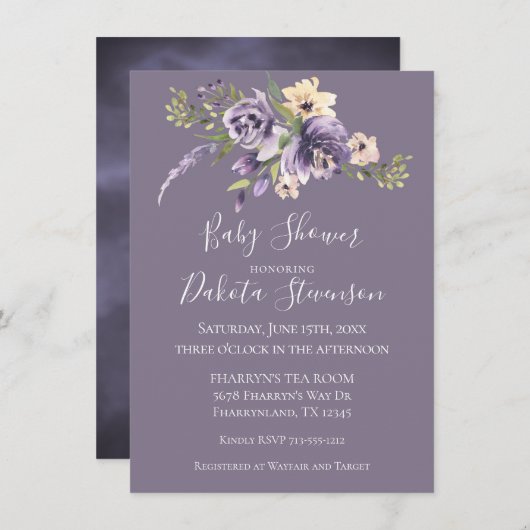 Invitation Anemone Garden Crème violet Baby shower Boho (Devant / Derrière)