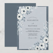 Invitation Anémone Mariage Bleu Ardoise Peint (Devant / Derrière)