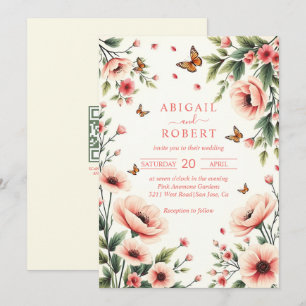 Invitation Anémone rose, papillons bordure florale mariage