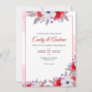 Invitation Anémone Rose Rouge Élégant Aquarelle Mariage Flora
