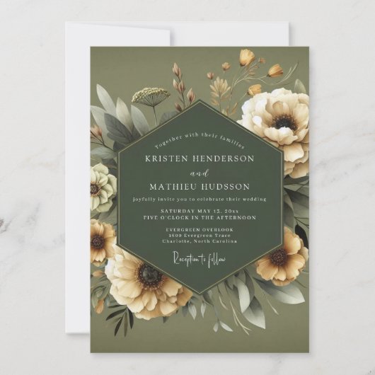 Invitation Anémone sombre olive mariage (Devant)