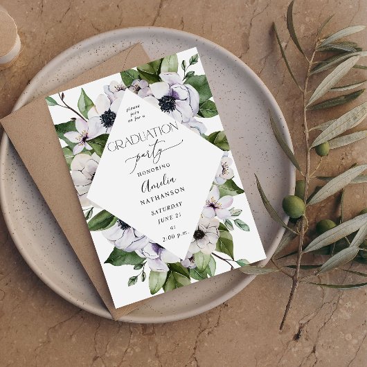 Invitation Anemone White Floral Graduation Party