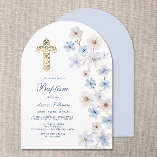 Invitation Anémones Blanches Bleues Arche Baptême