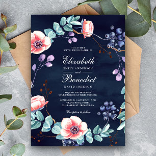 Invitation Anémones blanches violettes Eucalyptus Bleu marine