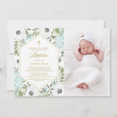 Invitation Anémones Bleu Floral Photo Bébé Garçon Baptême (Devant)