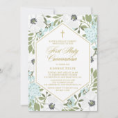 Invitation Anémones Bleu Floral Première Communion Sainte (Devant)