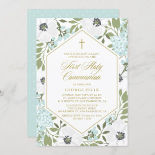 Invitation Anémones Bleu Floral Première Communion Sainte