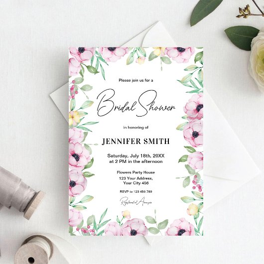 Invitation Anémones Florales Roses Mariage