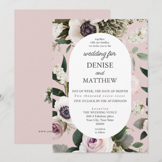 Invitation Anéone blanche sur Mauve Chalk Mariage (Devant / Derrière)
