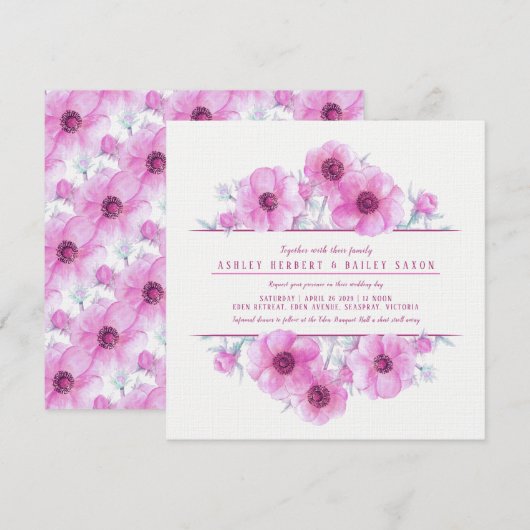 Invitation Anéone rose floral aquarelle mariage invite (Devant / Derrière)