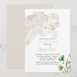 Invitation Ange aux ailes vertes florales baptême