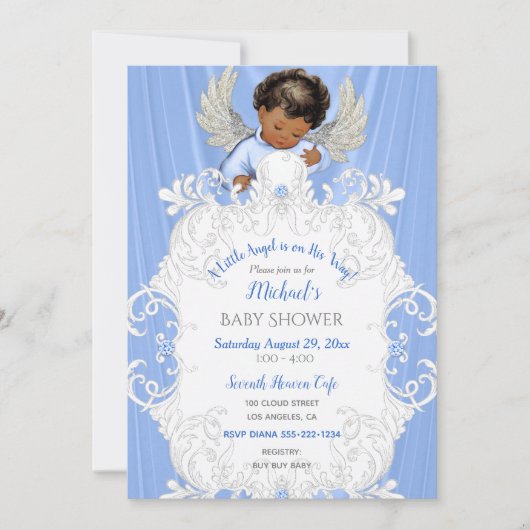 Invitation Ange Bébé Bleu Argent Ton Peau Foncé (Devant)