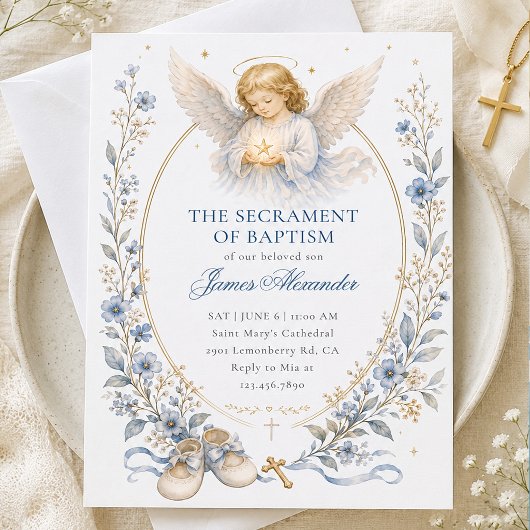 Invitation Ange bleu céleste aquarelle baptême 