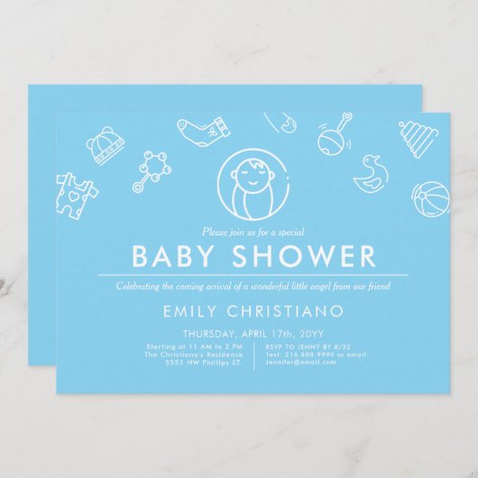 Invitation Ange couchant | Baby shower minimal bleu uni (Devant / Derrière)