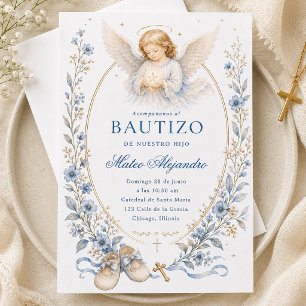Invitation Ange de baptême à l'aquarelle bleue Fleur Garde-mé