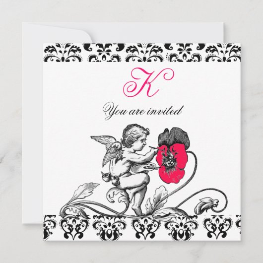 INVITATION ANGE DÉCORANT UNE FLEUR ROSE D'UN MONOGRAMME EN DA (Devant)