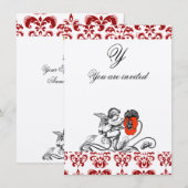INVITATION ANGE DÉCORÉ D'UNE FLEUR ROUGE BRODÉE EN DAMAS (Devant / Derrière)