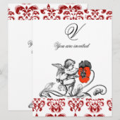 INVITATION ANGE DÉCORÉ D'UNE FLEUR ROUGE BRODÉE MONOGRAMME (Devant / Derrière)