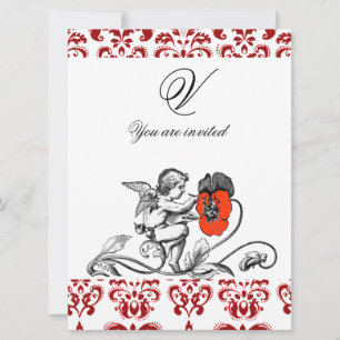 INVITATION ANGE DÉCORÉ D'UNE FLEUR ROUGE BRODÉE MONOGRAMME