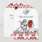 INVITATION ANGE DÉCORÉ D'UNE FLEUR ROUGE BRODÉE MONOGRAMME (Devant / Derrière)