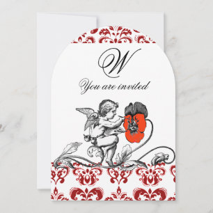 INVITATION ANGE DÉCORÉ D'UNE FLEUR ROUGE BRODÉE MONOGRAMME