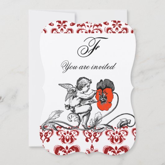 INVITATION ANGE DÉCORÉ D'UNE FLEUR ROUGE BRODÉE MONOGRAMME (Devant)