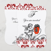 INVITATION ANGE DÉCORÉ D'UNE FLEUR ROUGE BRODÉE MONOGRAMME (Devant / Derrière)