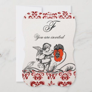 INVITATION ANGE DÉCORÉ D'UNE FLEUR ROUGE BRODÉE MONOGRAMME