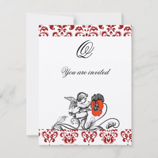 INVITATION ANGE DÉCORÉ D'UNE FLEUR ROUGE BRODÉE MONOGRAMME (Devant)