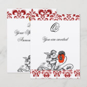 INVITATION ANGE DÉCORÉ D'UNE FLEUR ROUGE BRODÉE MONOGRAMME (Devant / Derrière)