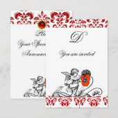 INVITATION ANGE DÉCORÉ D'UNE FLEUR ROUGE BRODÉE MONOGRAMME (Devant / Derrière)