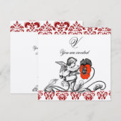 INVITATION ANGE DÉCORÉ D'UNE FLEUR ROUGE BRODÉE MONOGRAMME EN (Devant / Derrière)