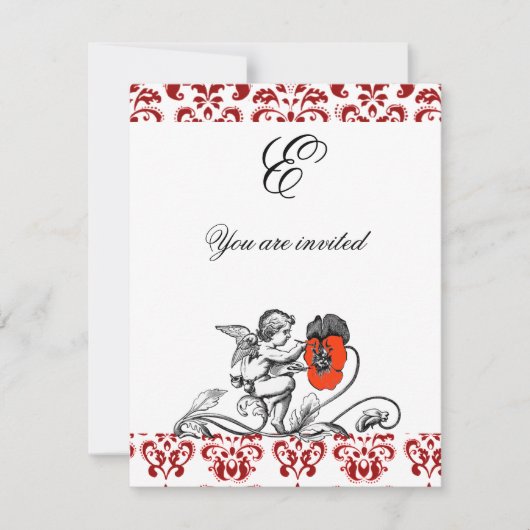 INVITATION ANGE DÉCORÉ D'UNE FLEUR ROUGE BRODÉE MONOGRAMME EN (Devant)