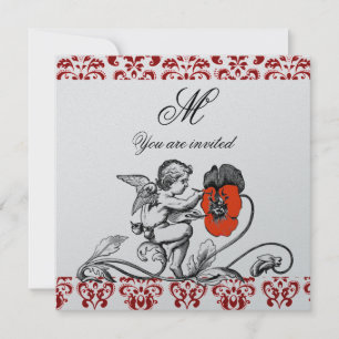 INVITATION ANGE DÉCORÉ D'UNE FLEUR ROUGE EN DAMAS MONOGRAMME