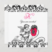 INVITATION ANGE PEIGNANT UNE FLEUR ROSE PAPIER DE DAMAS MONOG (Devant / Derrière)