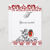 Invitation ANGE PEINTURE À LA FLEUR ROUGE DAMAS MONOGRAMME Ar (Devant / Derrière)