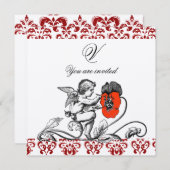 INVITATION ANGE PEINTURE D'UNE FLEUR ROUGE DAMAS MONOGRAMME (Devant / Derrière)