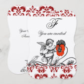 INVITATION ANGE PEINTURE D'UNE FLEUR ROUGE DAMAS MONOGRAMME (Devant / Derrière)