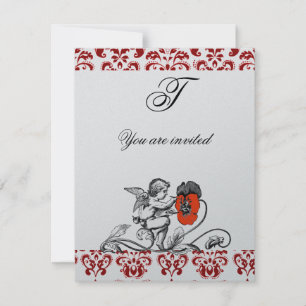 INVITATION ANGE PEINTURE D'UNE FLEUR ROUGE DAMAS MONOGRAMME A