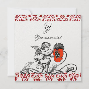 Invitation ANGE PEINTURE D'UNE FLEUR ROUGE DAMAS MONOGRAMME g