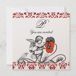 Invitation ANGE PEINTURE D'UNE FLEUR ROUGE DAMAS MONOGRAMME o