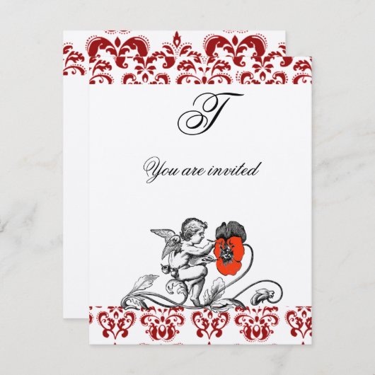 INVITATION ANGE PEINTURE D'UNE FLEURS ROUGE DOMMASQUE MONOGRA (Devant / Derrière)