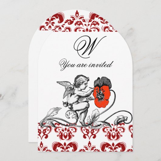 INVITATION ANGE PEINTURE FLEUR DE DAMAS À MONOGRAMME ROUGE (Devant / Derrière)